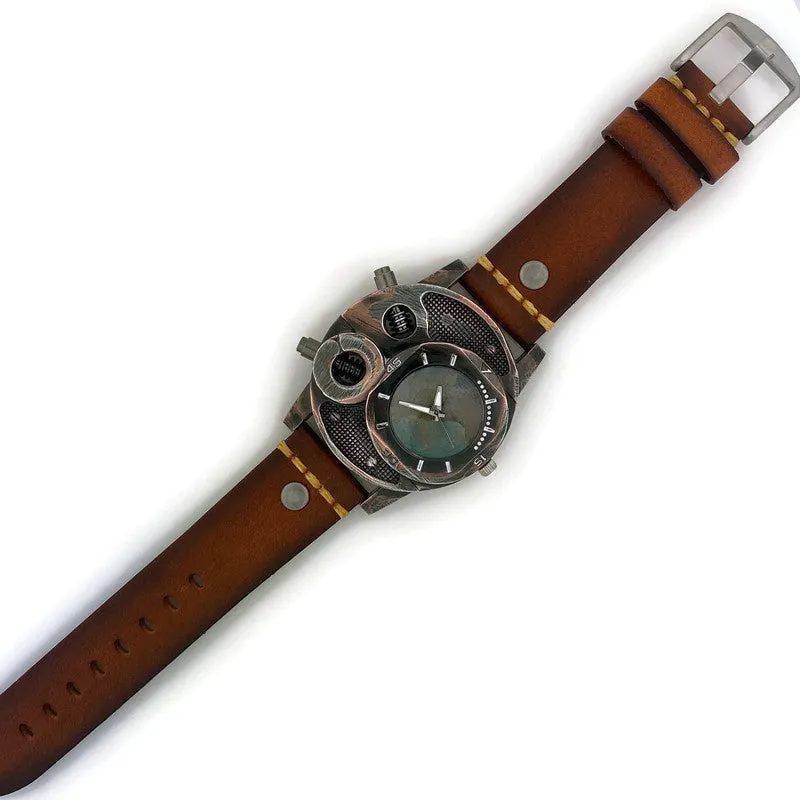 Large Watch with  Brown Leather Band Blue Dial