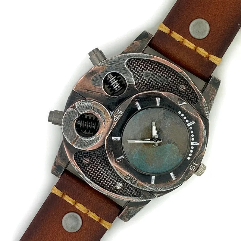 Large Watch with  Brown Leather Band Blue Dial