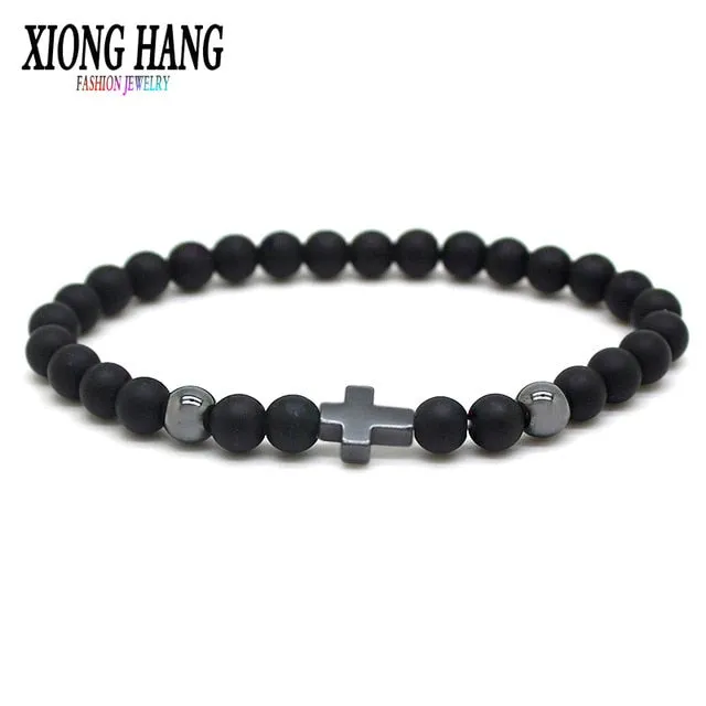 Lava stone Beads with Hematite Stone Cross Bracelet
