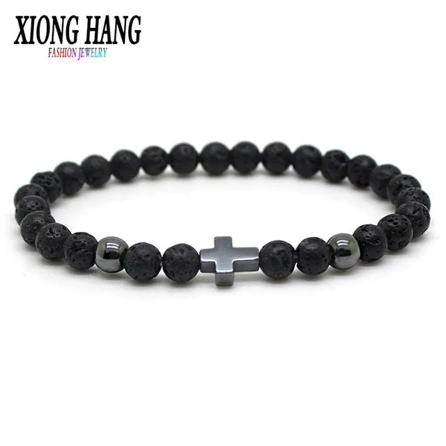 Lava stone Beads with Hematite Stone Cross Bracelet
