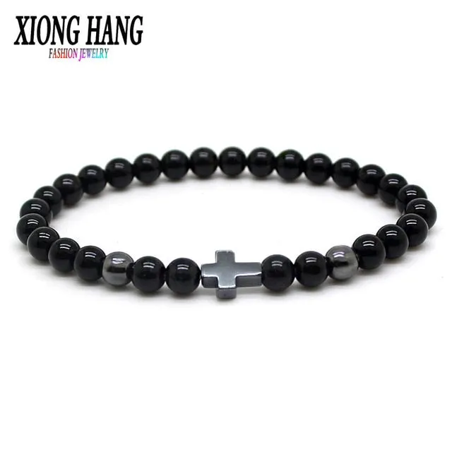 Lava stone Beads with Hematite Stone Cross Bracelet