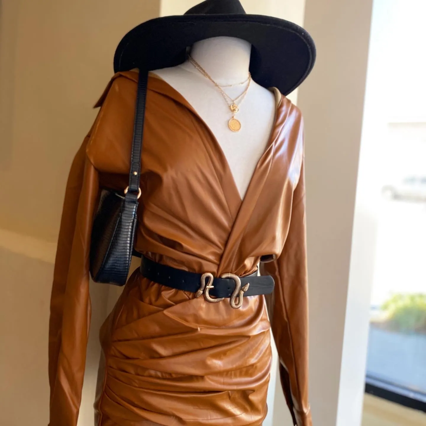 Leather Ruched Shirt Dress