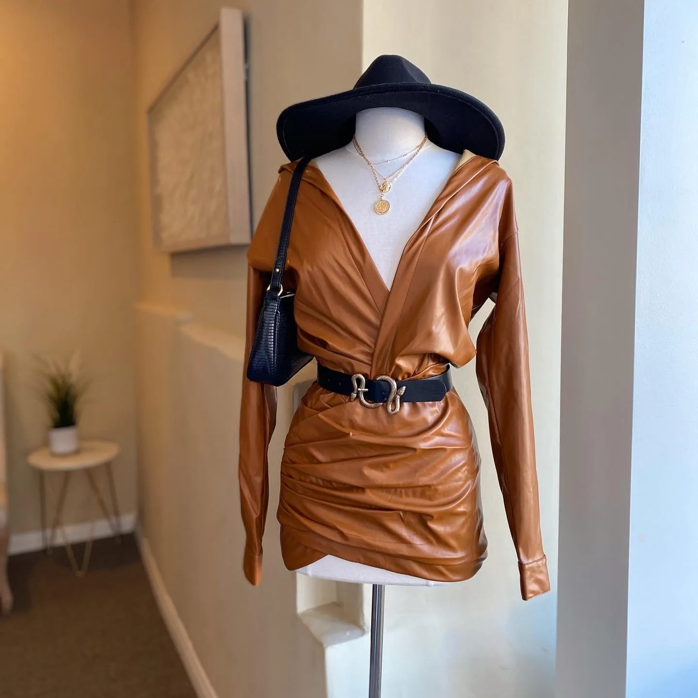Leather Ruched Shirt Dress