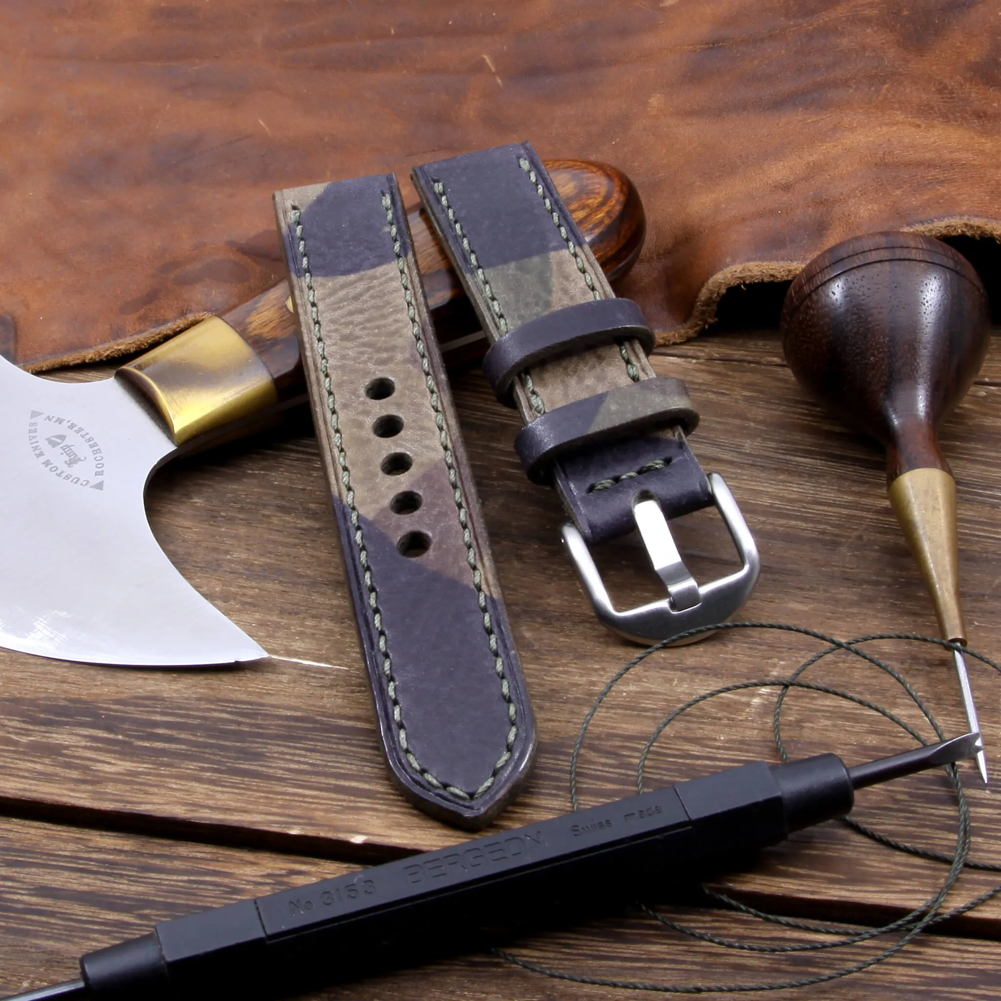 Leather Watch Strap, Camo Grigio | Full Stitch