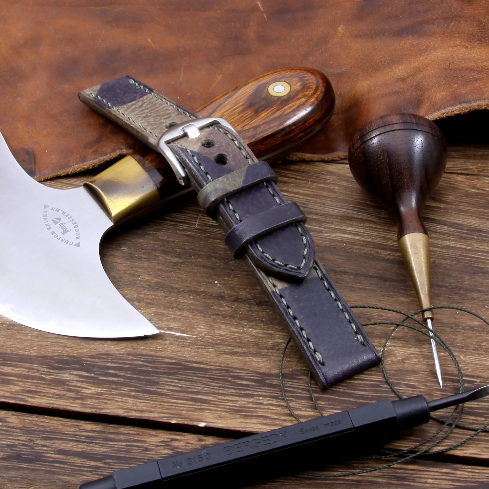 Leather Watch Strap, Camo Grigio | Full Stitch