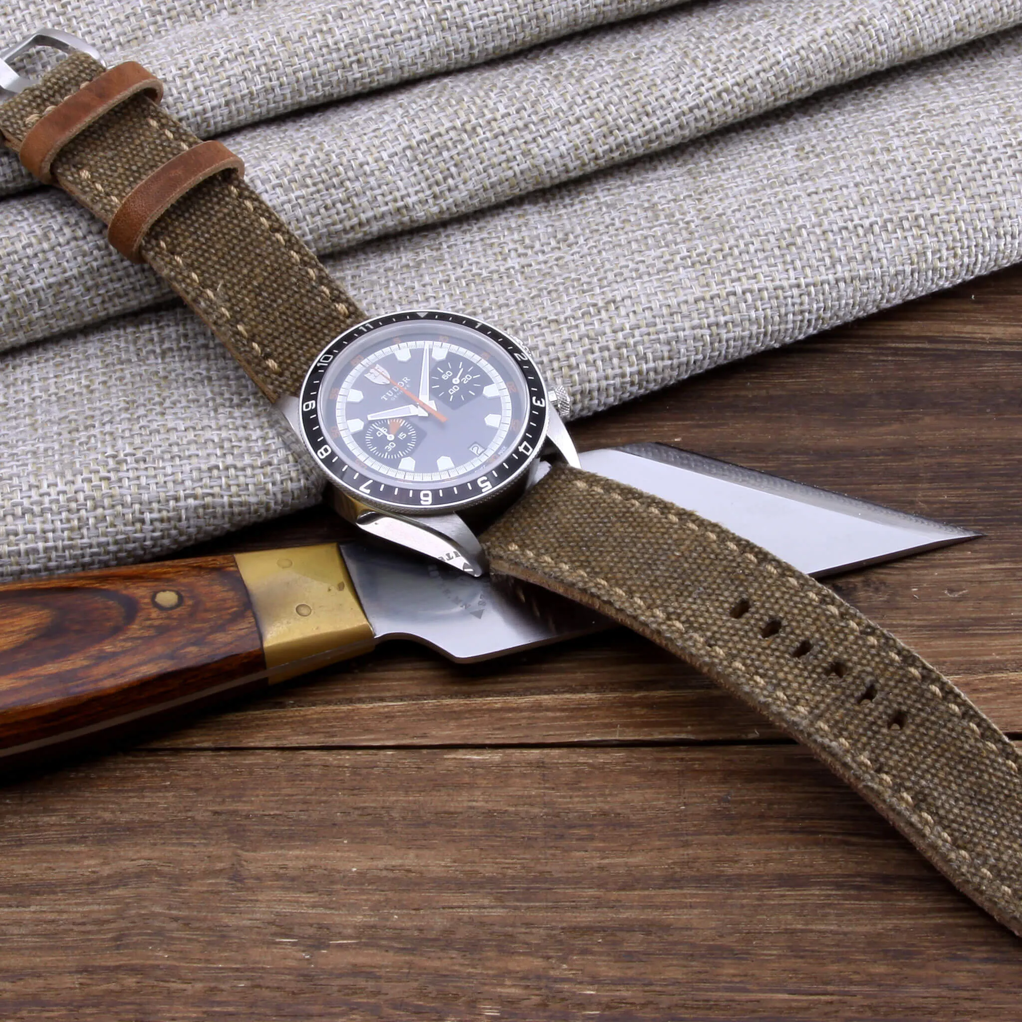 Leather Watch Strap, Rustic Brown Canvas | Full Stitch