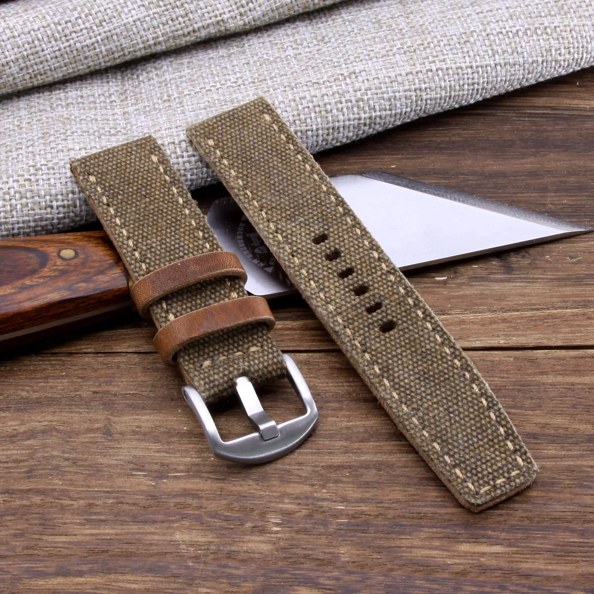 Leather Watch Strap, Rustic Brown Canvas | Full Stitch