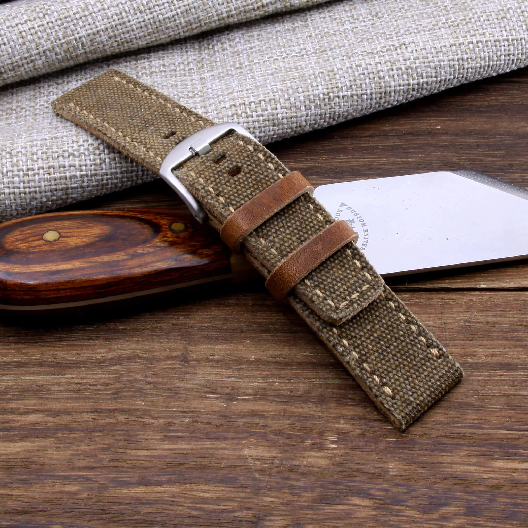 Leather Watch Strap, Rustic Brown Canvas | Full Stitch