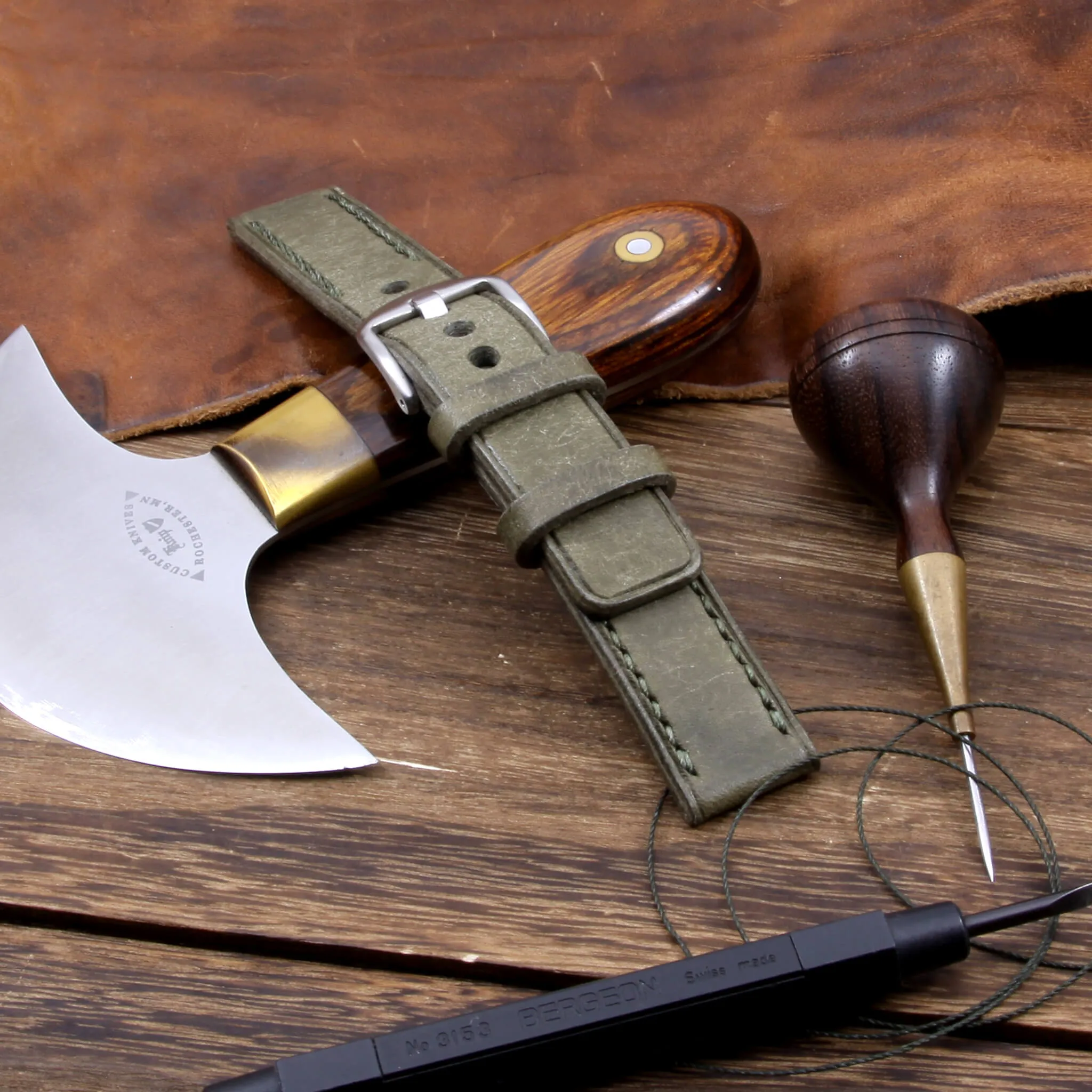 Leather Watch Strap, Rustic Olive | Chain Stitch