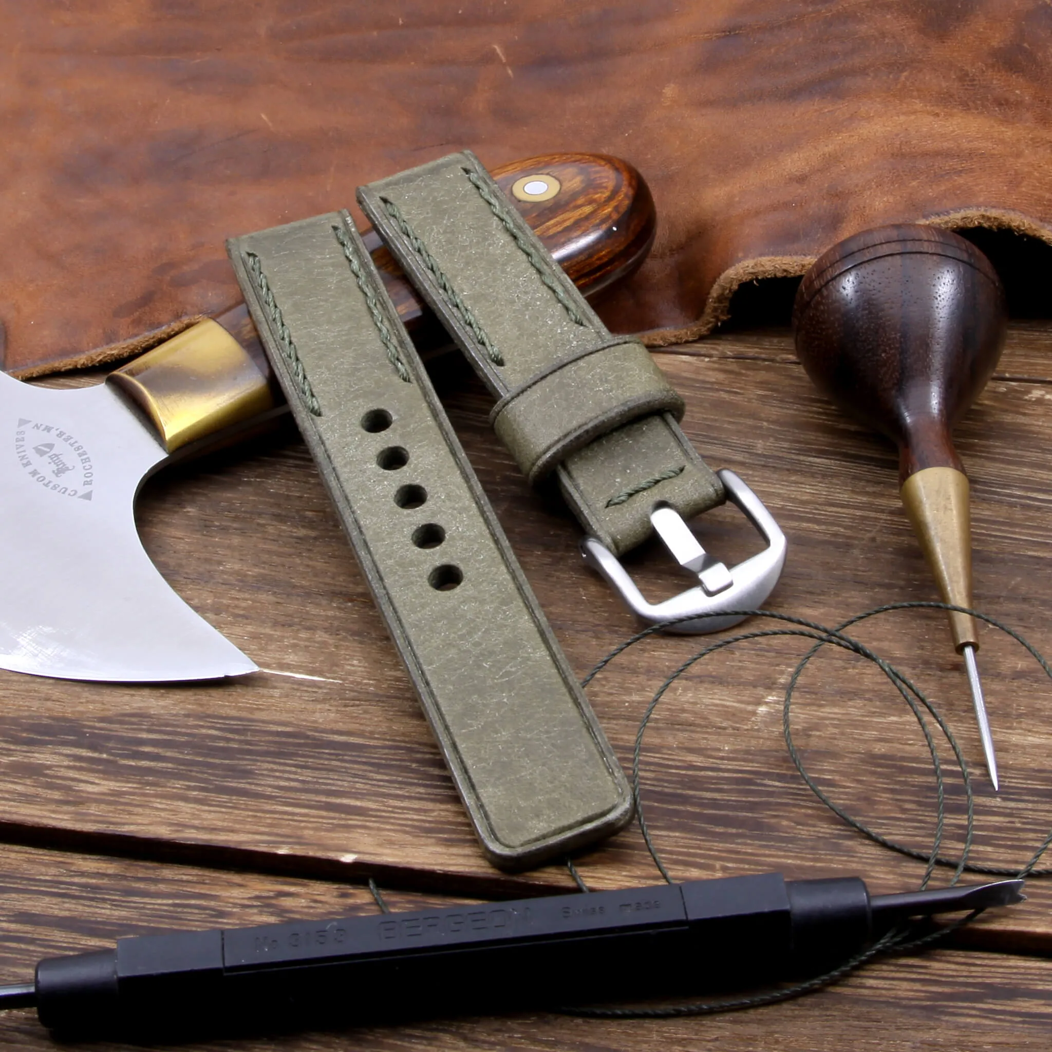 Leather Watch Strap, Rustic Olive | Chain Stitch