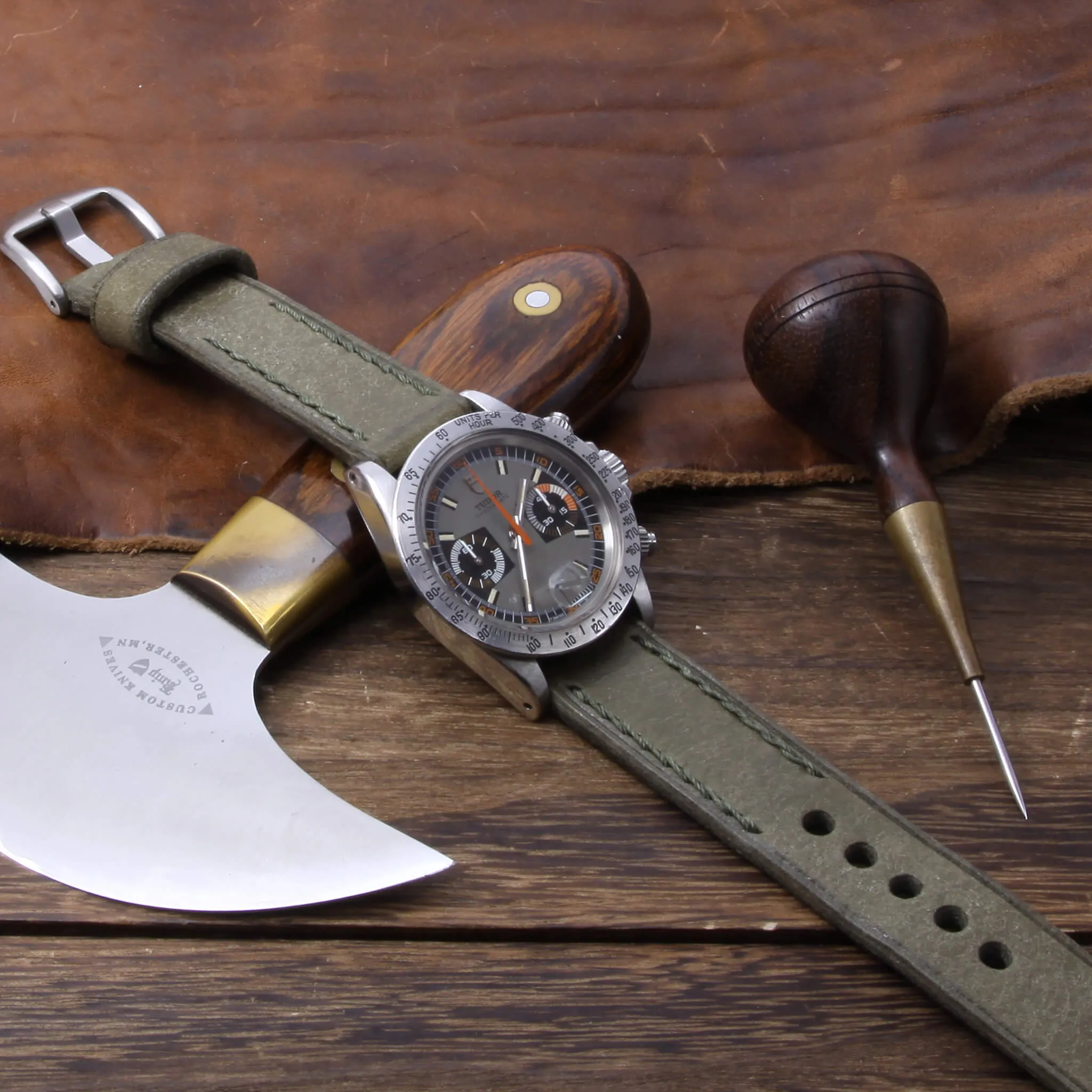 Leather Watch Strap, Rustic Olive | Chain Stitch