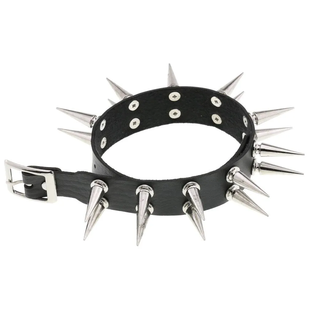 Long Spiked Choker Collar Leather Goth Necklace