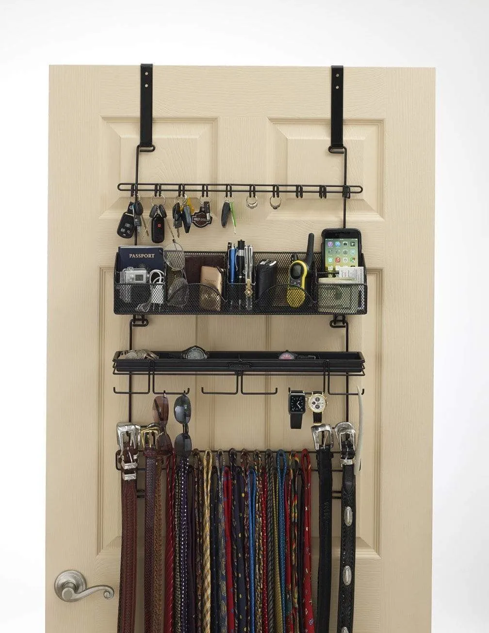 Longstem Men's #9200 Over the Door/Wall Belt Tie Valet Organizer - beautiful BLACK powder coat- see our #9100 5 star reviews! men's organizer Patented - Rated Best!