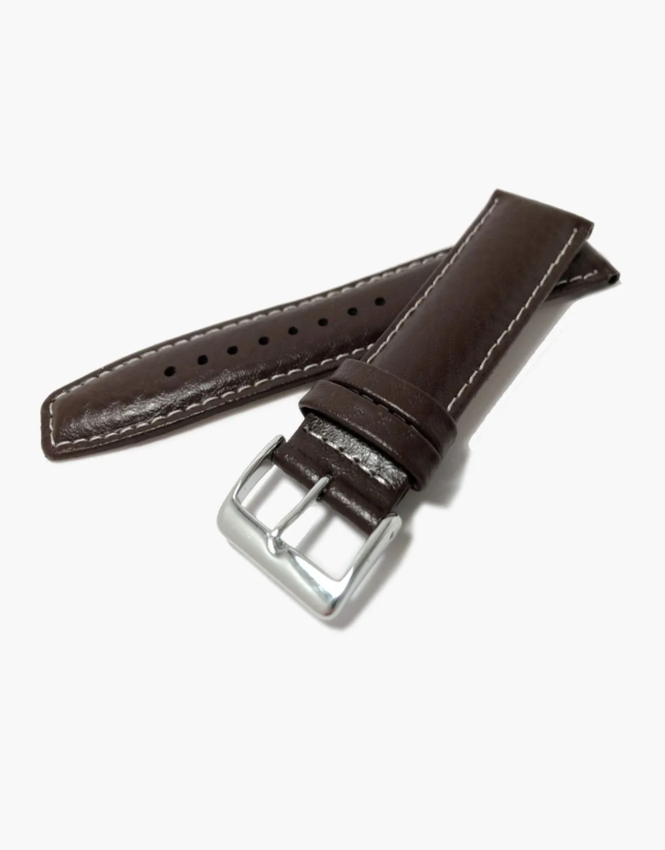 LUX Dark Brown Leather Buffalo Grain Padded Shiny Watch Band White Stitching