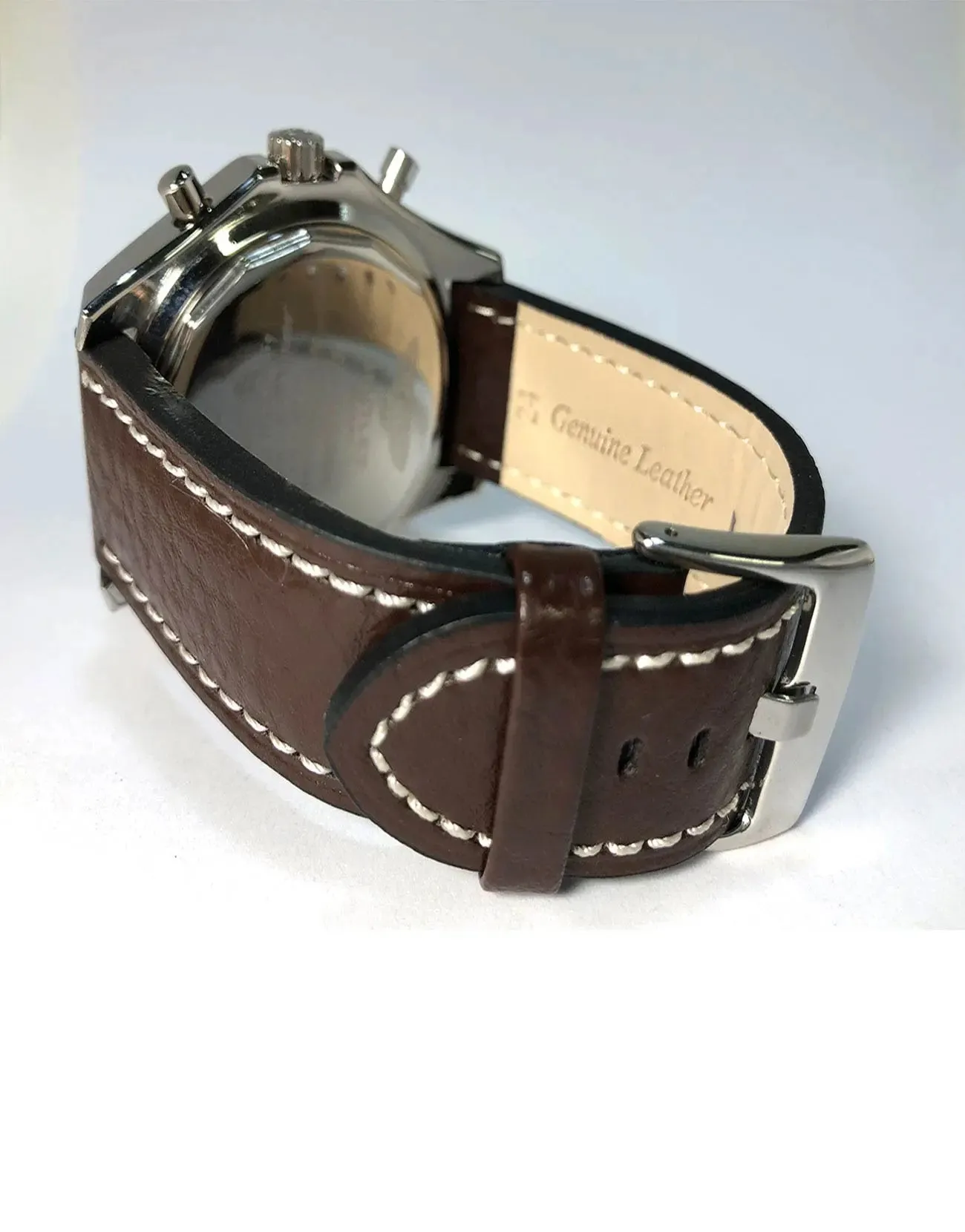 LUX Panerai Style Flat Buffalo Leather Brown Watch Straps White Stitching