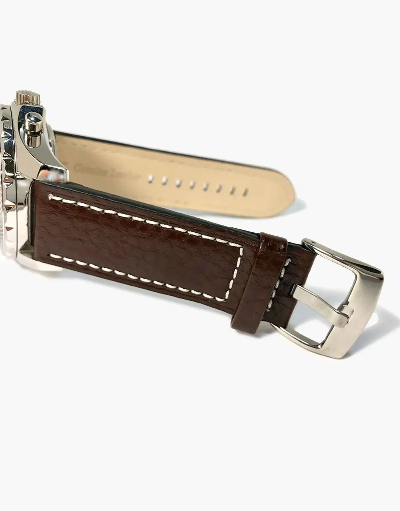 LUX Panerai Style Flat Buffalo Leather Brown Watch Straps White Stitching