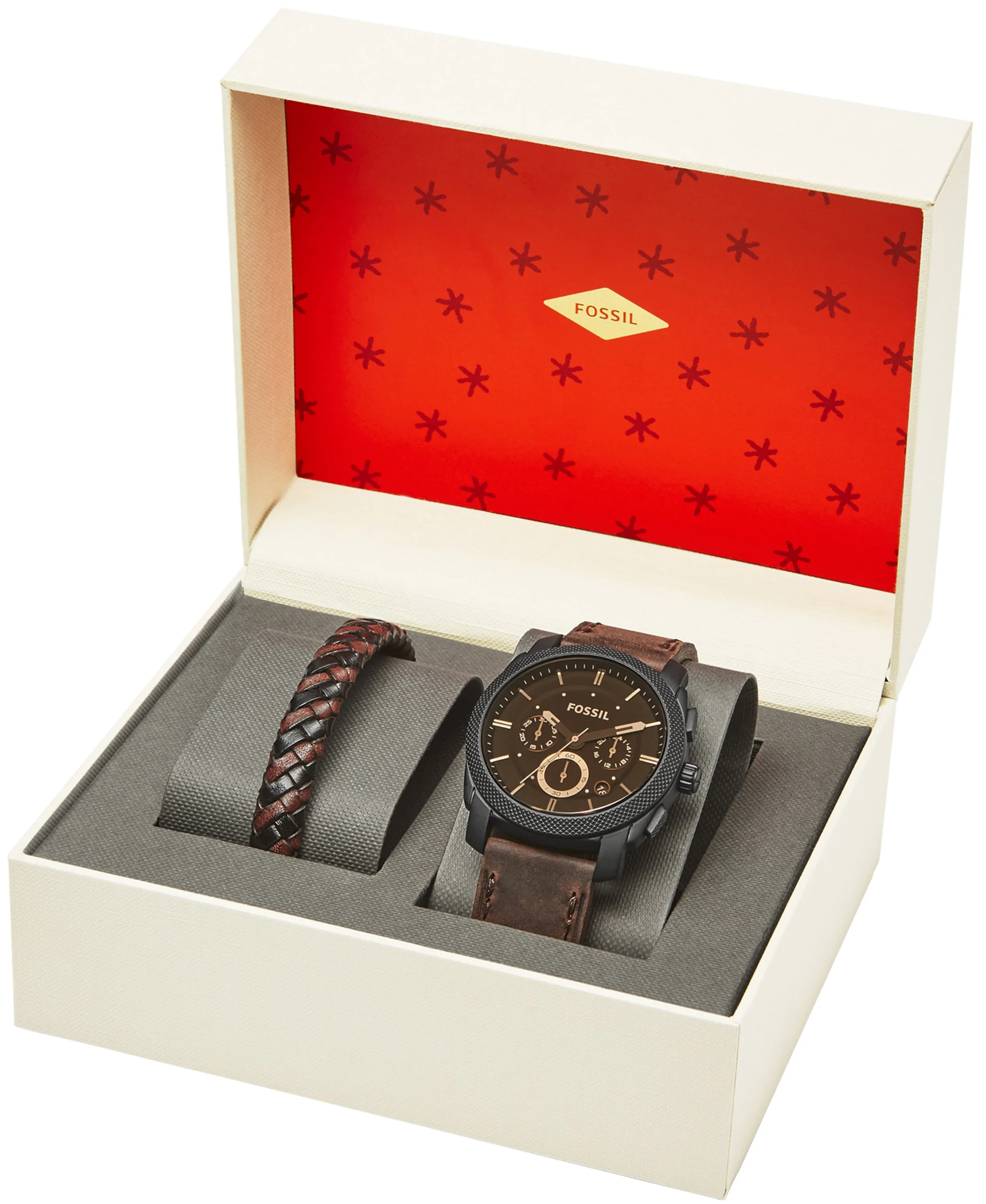 Machine Chronograph Dark Brown Leather Watch and Bracelet Box Set