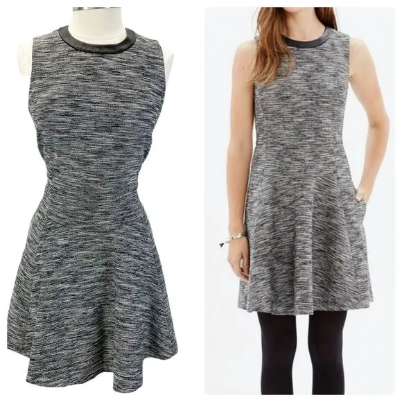 Madewell Womens 10 Anywhere Dress Mini Skater Black White Tweed Faux Leather