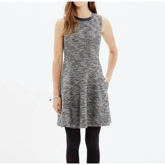 Madewell Womens 10 Anywhere Dress Mini Skater Black White Tweed Faux Leather