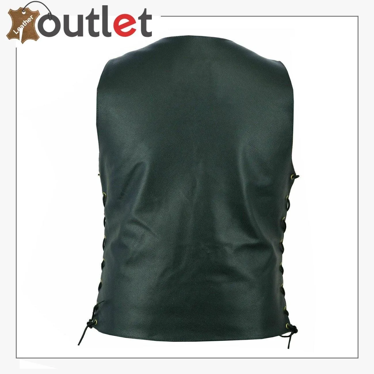 Men Black Genuine Leather Vest with Adjustable Laces