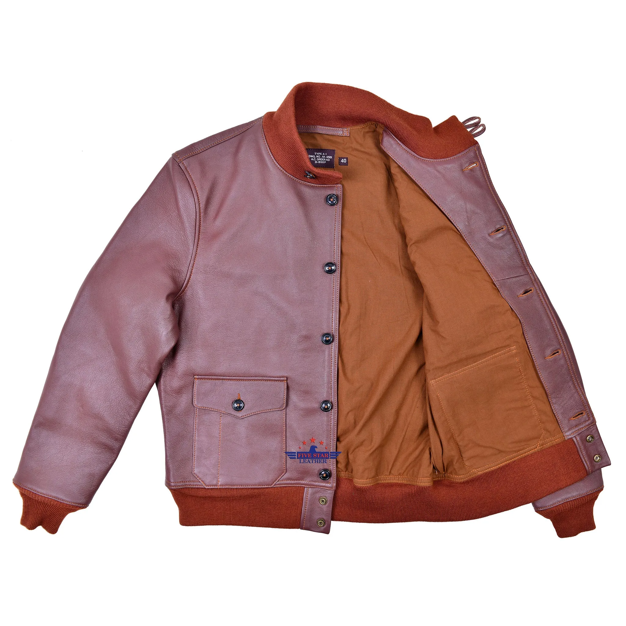 Men Real Goatskin Russet Brown Leather Air Force A-1 Jacket Pilot Flying Aviator