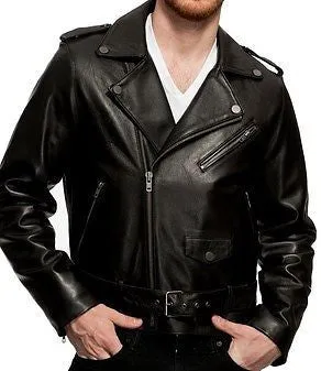 MEN'S CLASSIC M/C SOFT REAL LEATHER JACKET WITH BELT VERY SOFT NZ LAMB SKIN