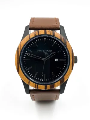 Mens Wood Watches | Zebrawood | Brown Leather