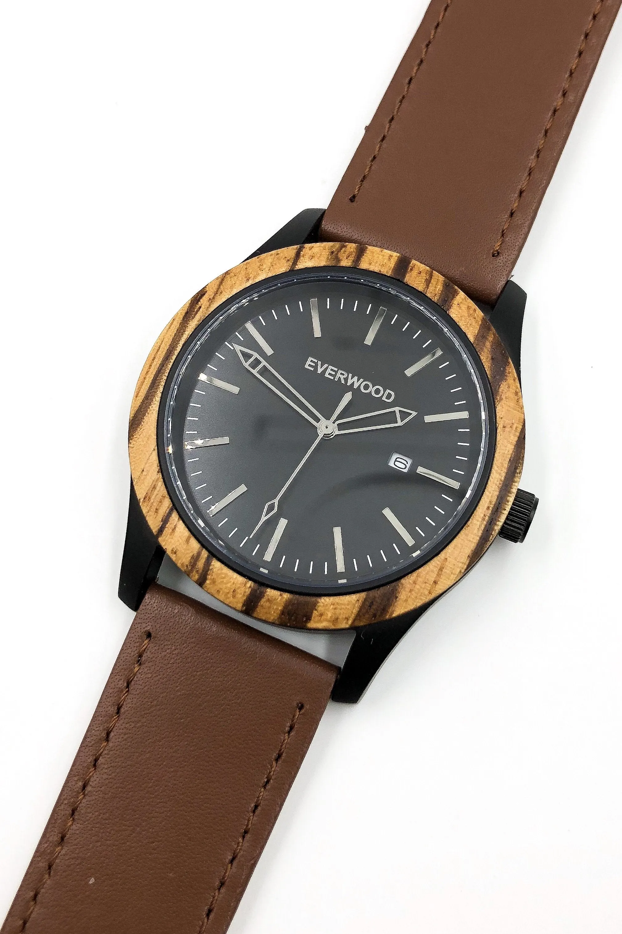 Mens Wood Watches | Zebrawood | Brown Leather