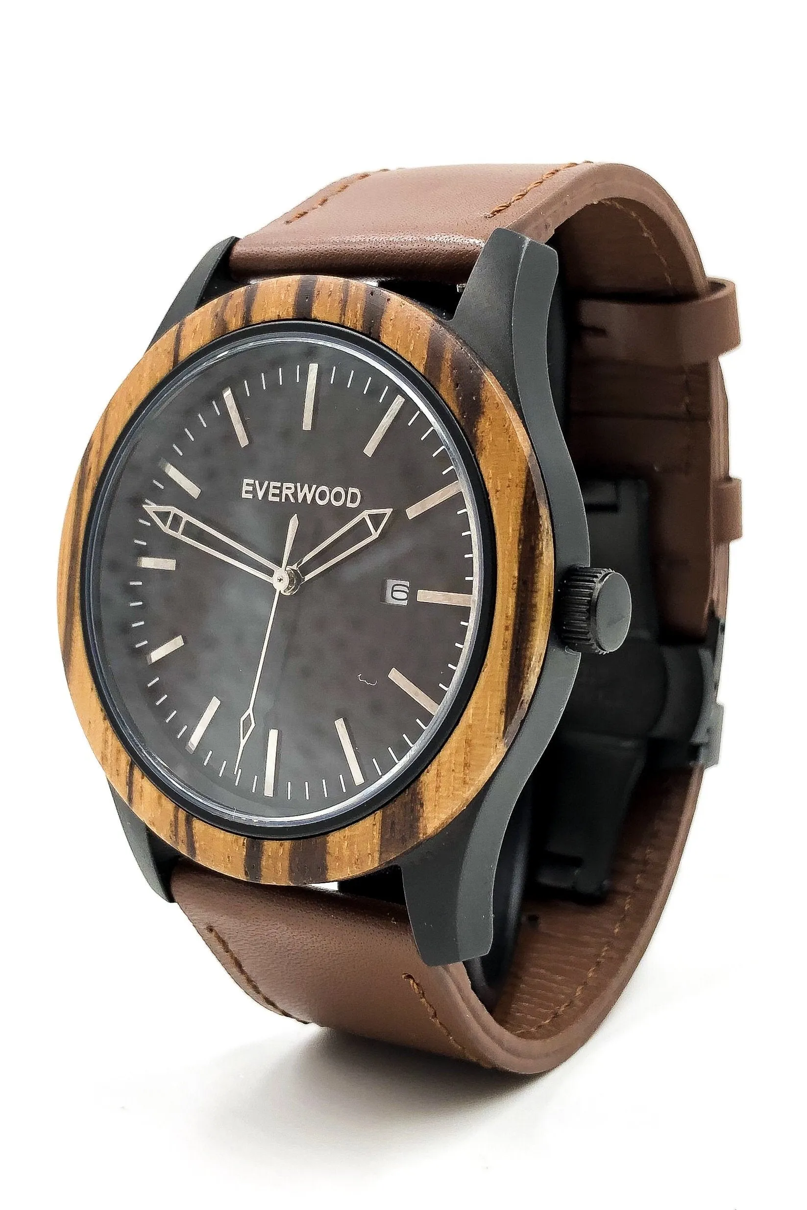 Mens Wood Watches | Zebrawood | Brown Leather