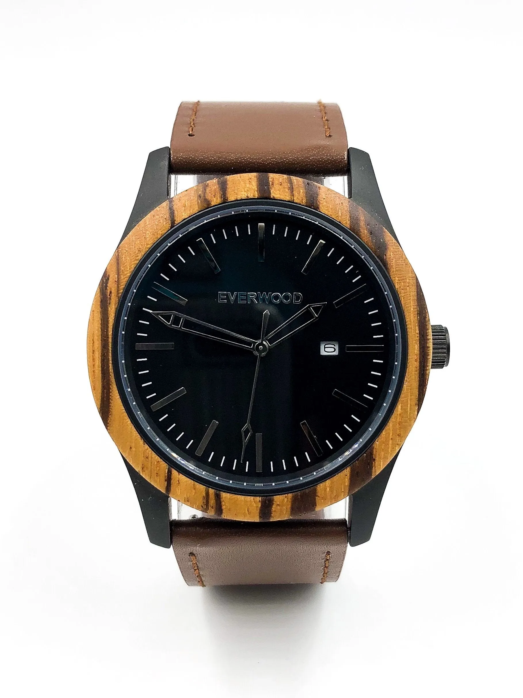 Mens Wood Watches | Zebrawood | Brown Leather