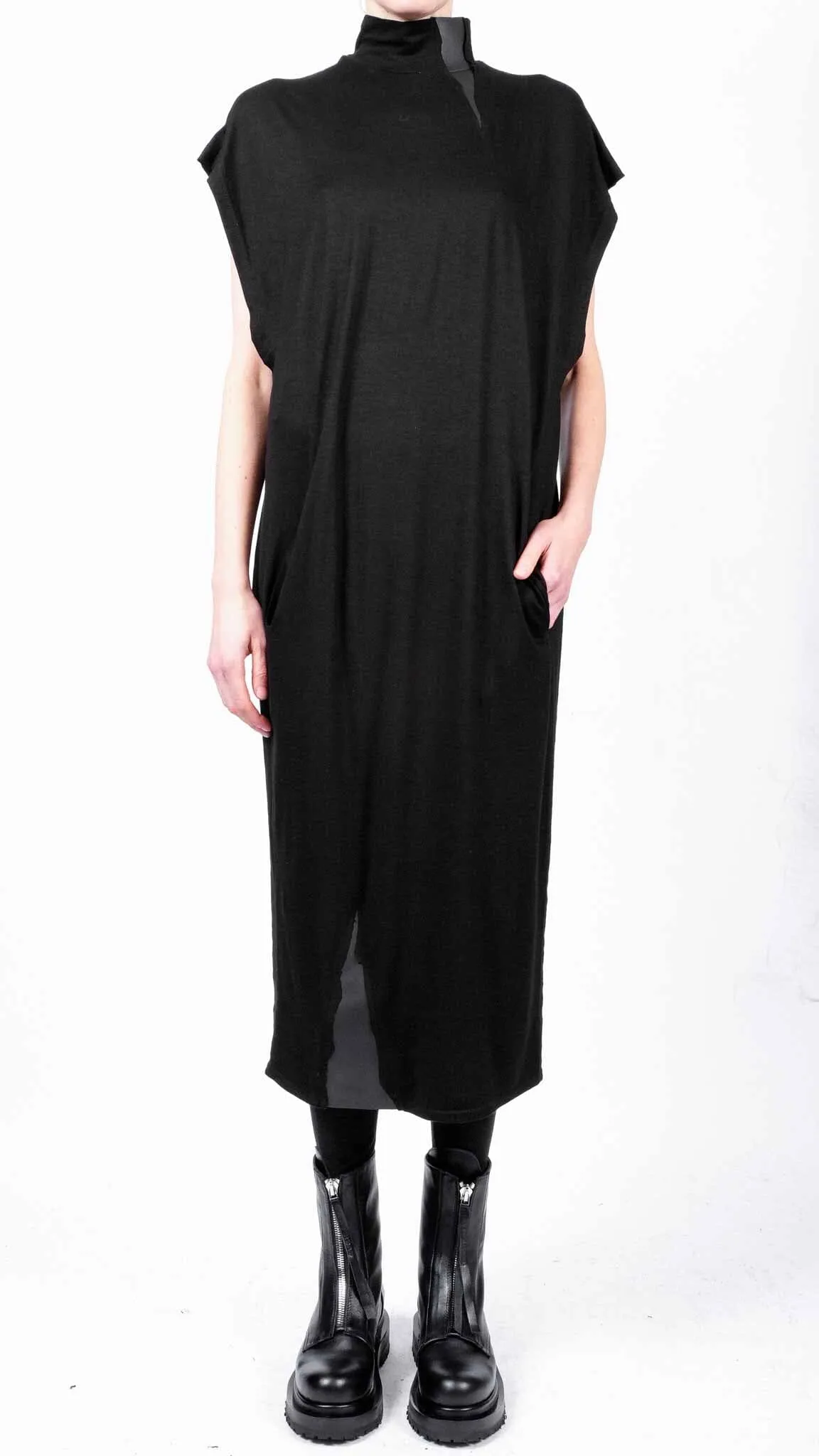 Midi Jersey Sleeveless Dress with Leather Detail