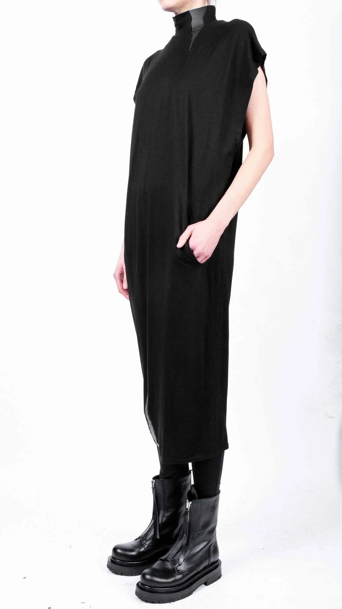 Midi Jersey Sleeveless Dress with Leather Detail