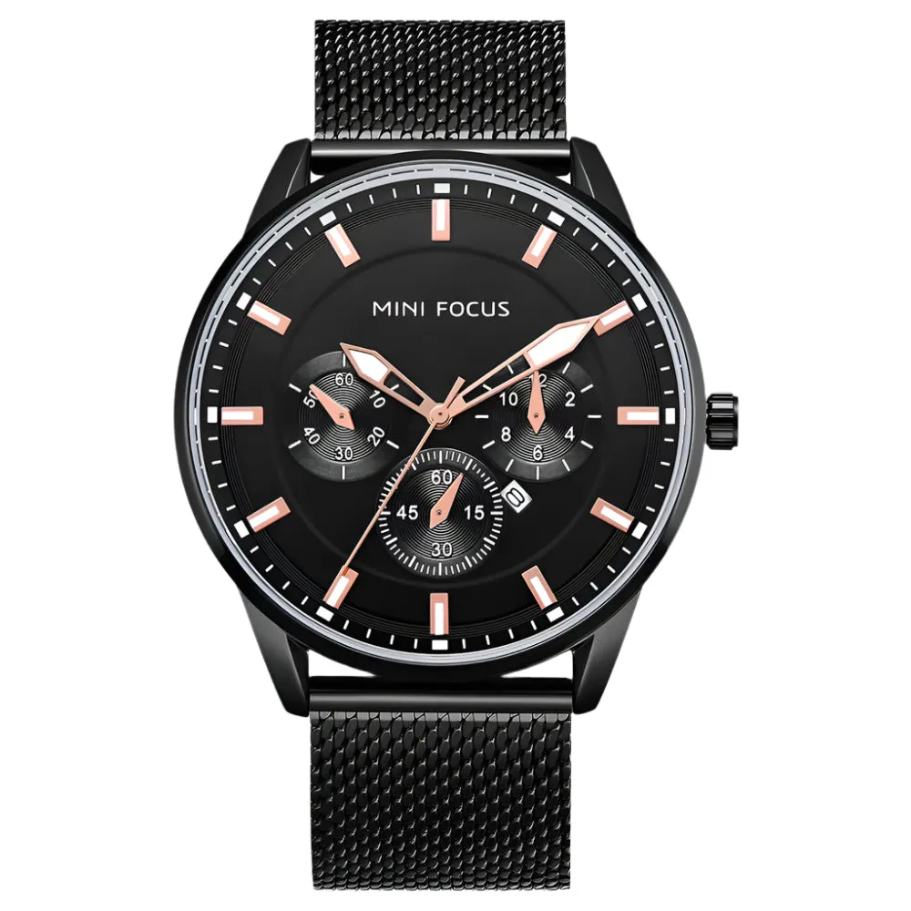 Mini Focus Black Mesh Bracelet Black Dial Quartz Watch for Gents - MF0178G-02