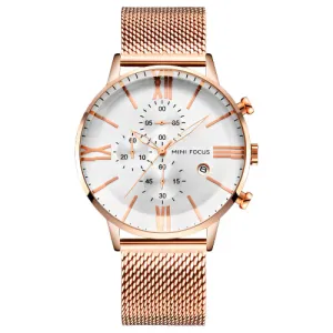 Mini Focus Rose Gold Mesh Bracelet Silver Dial Chronograph Quartz Watch for Gents - MF0236G-02