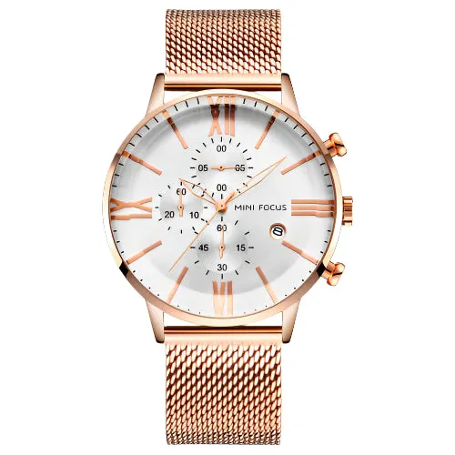 Mini Focus Rose Gold Mesh Bracelet Silver Dial Chronograph Quartz Watch for Gents - MF0236G-02