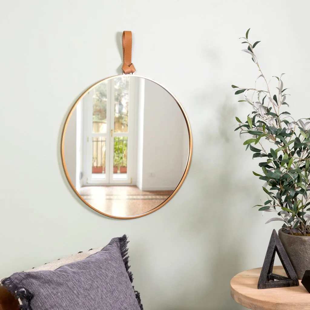 Minimalist Gold Round Mirror with Leather Strap