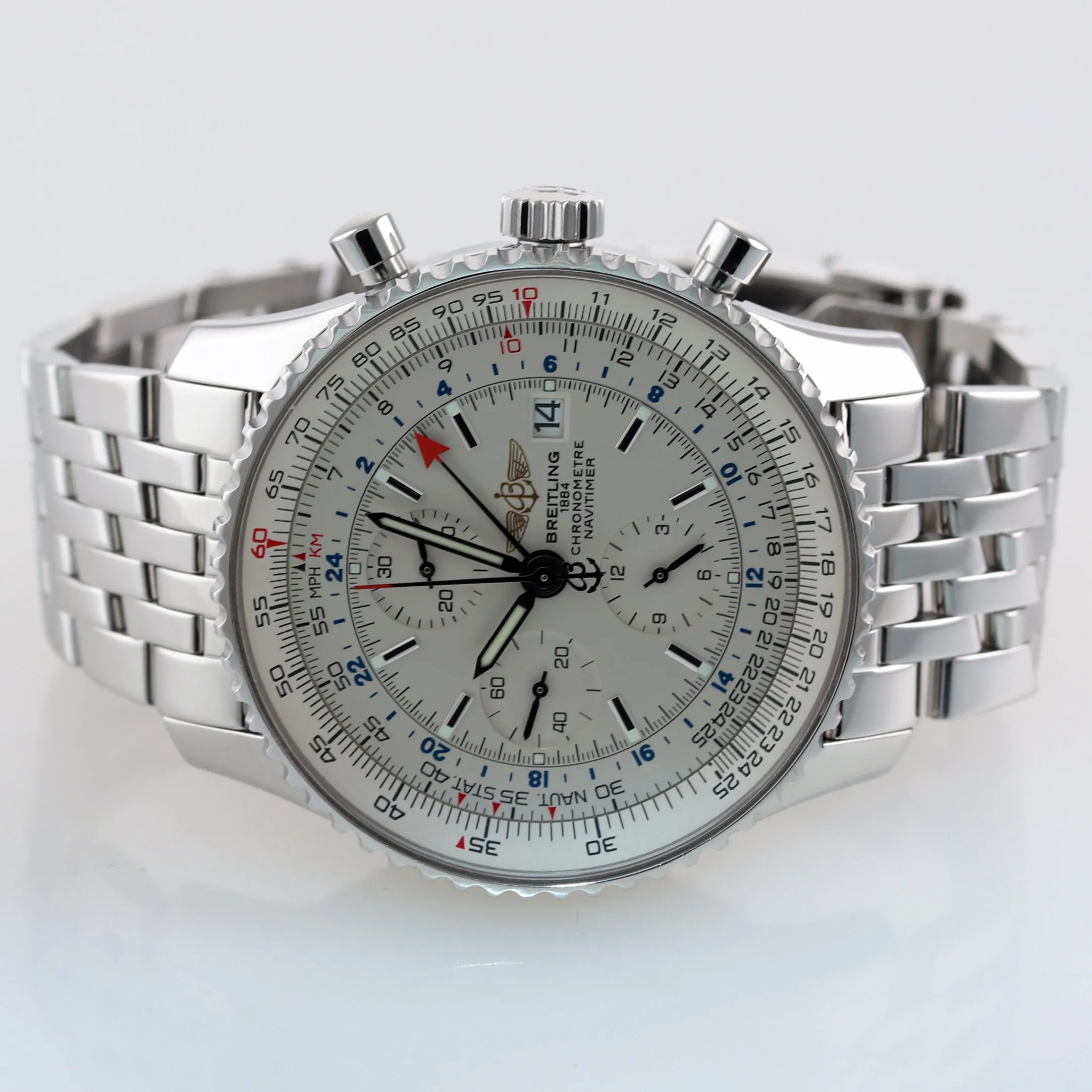 MINT Breitling Navitimer World Chronograph GMT White Cream Steel A24322 Watch