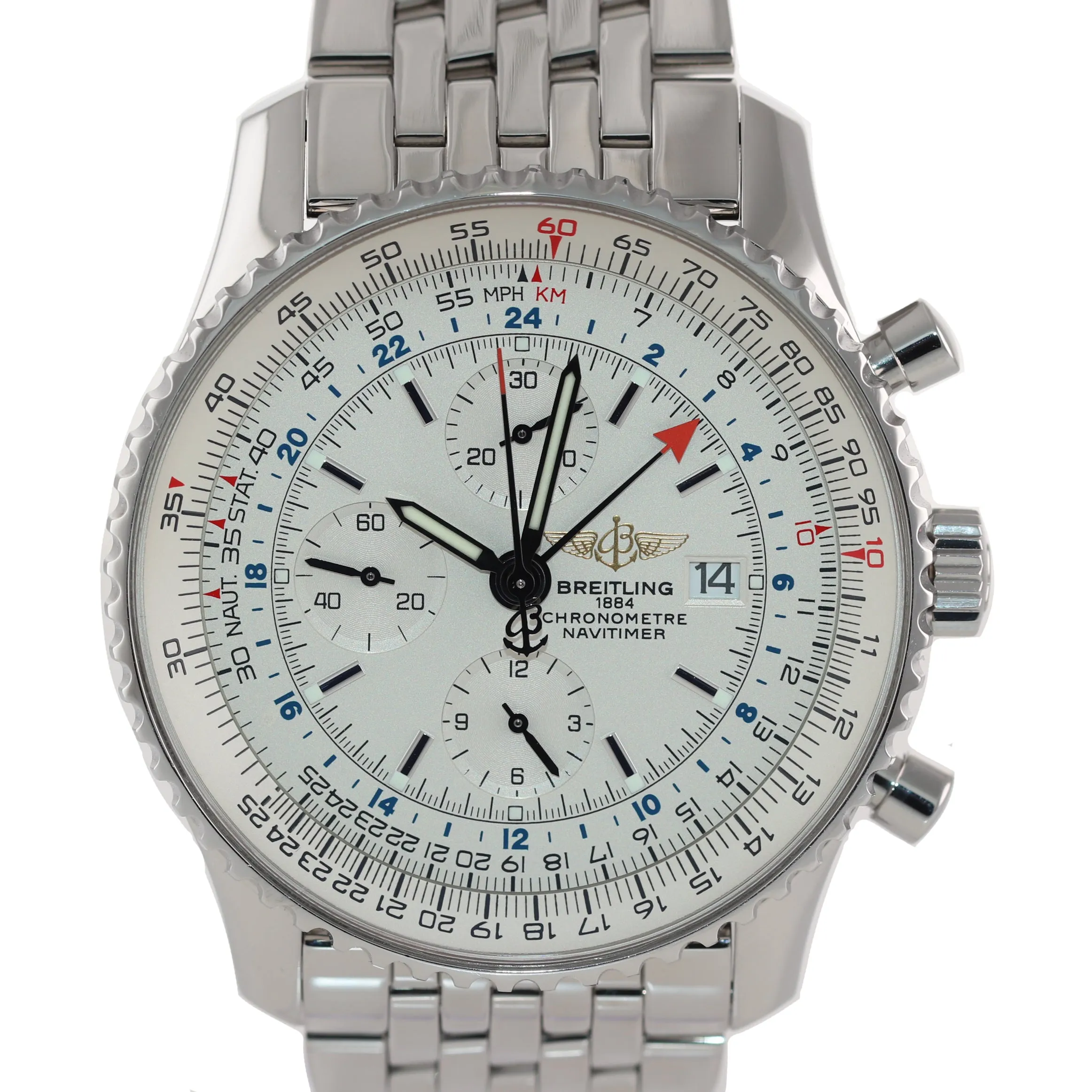 MINT Breitling Navitimer World Chronograph GMT White Cream Steel A24322 Watch