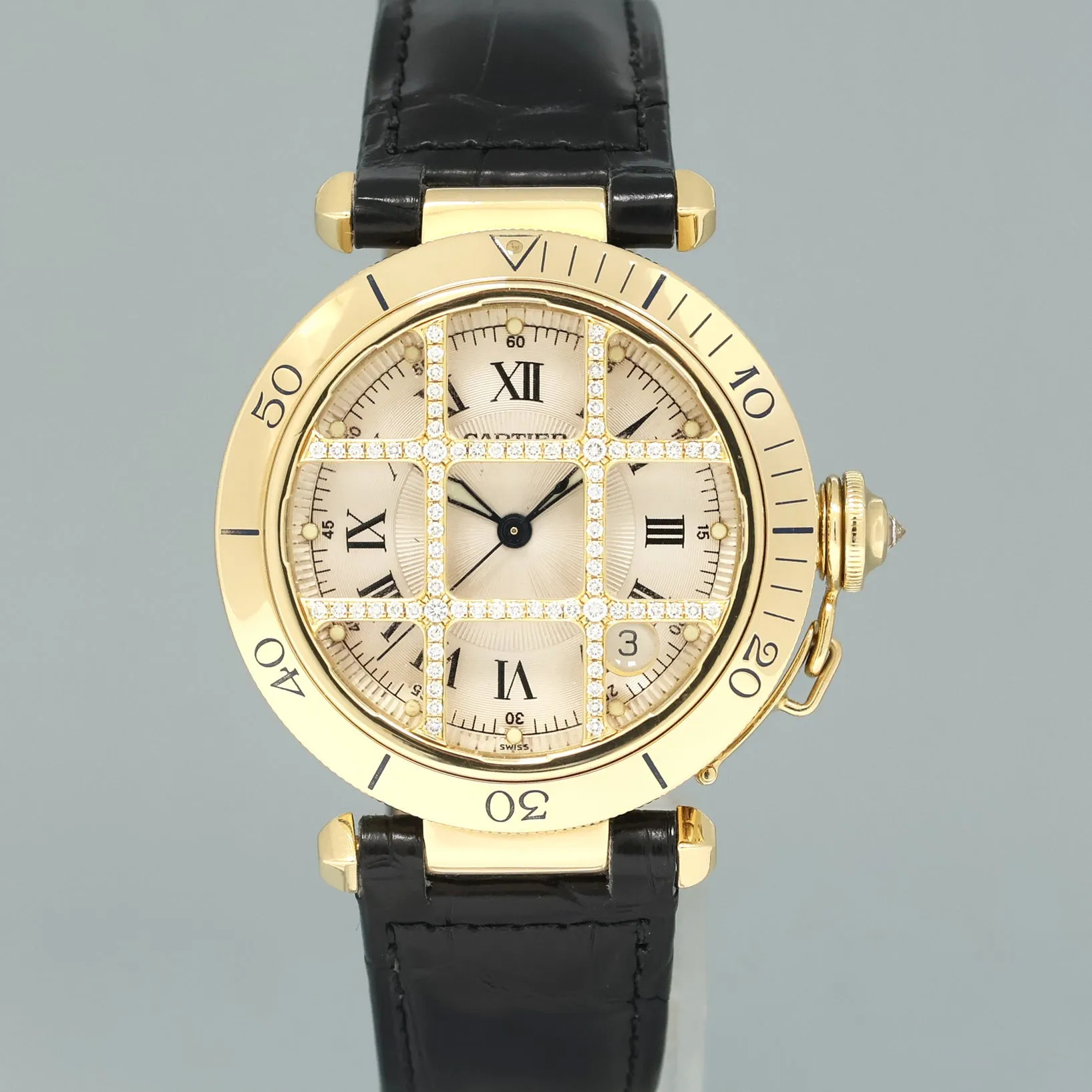 MINT Cartier Pasha Roman 1023 Yellow Gold 38mm Factory Diamond Grid Watch
