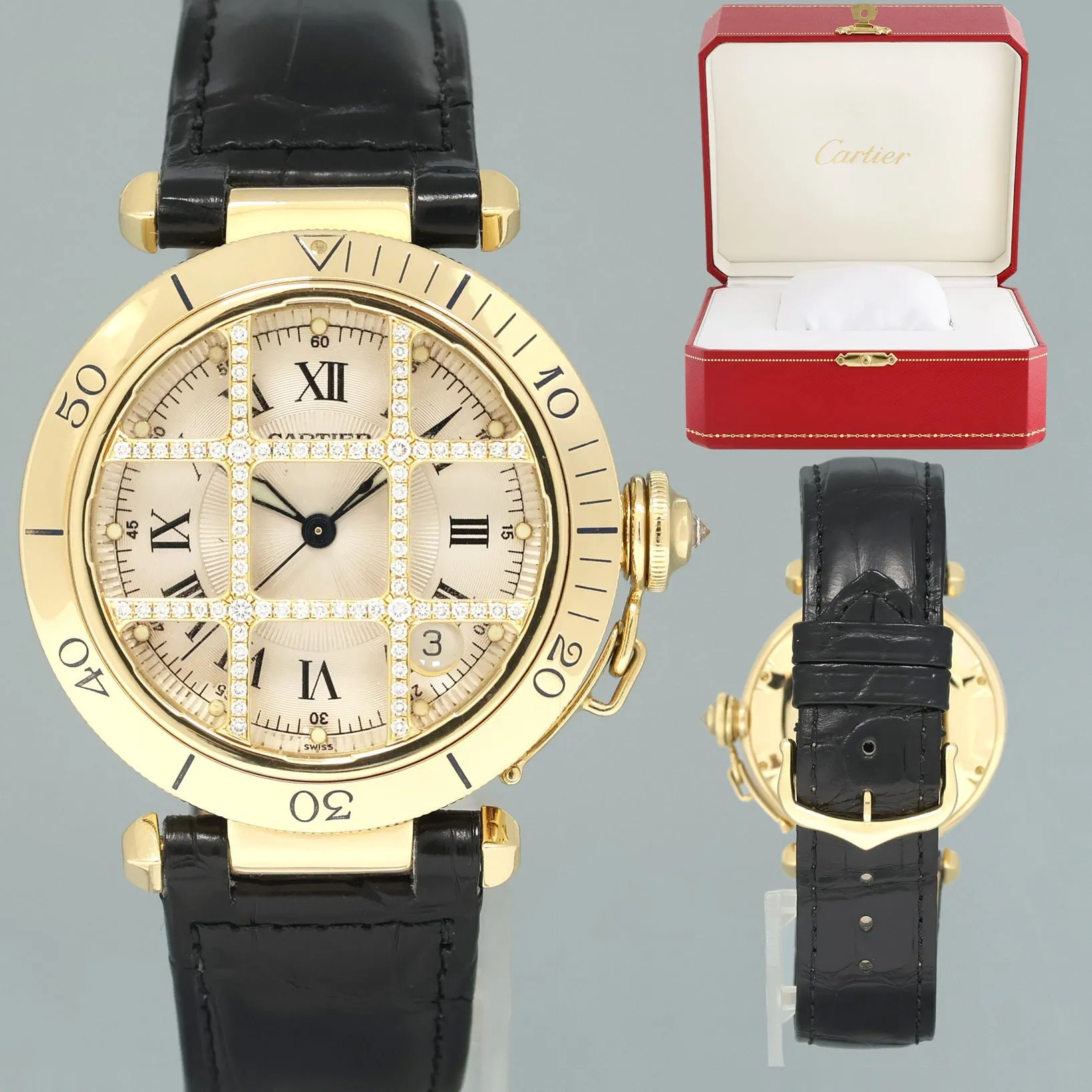 MINT Cartier Pasha Roman 1023 Yellow Gold 38mm Factory Diamond Grid Watch