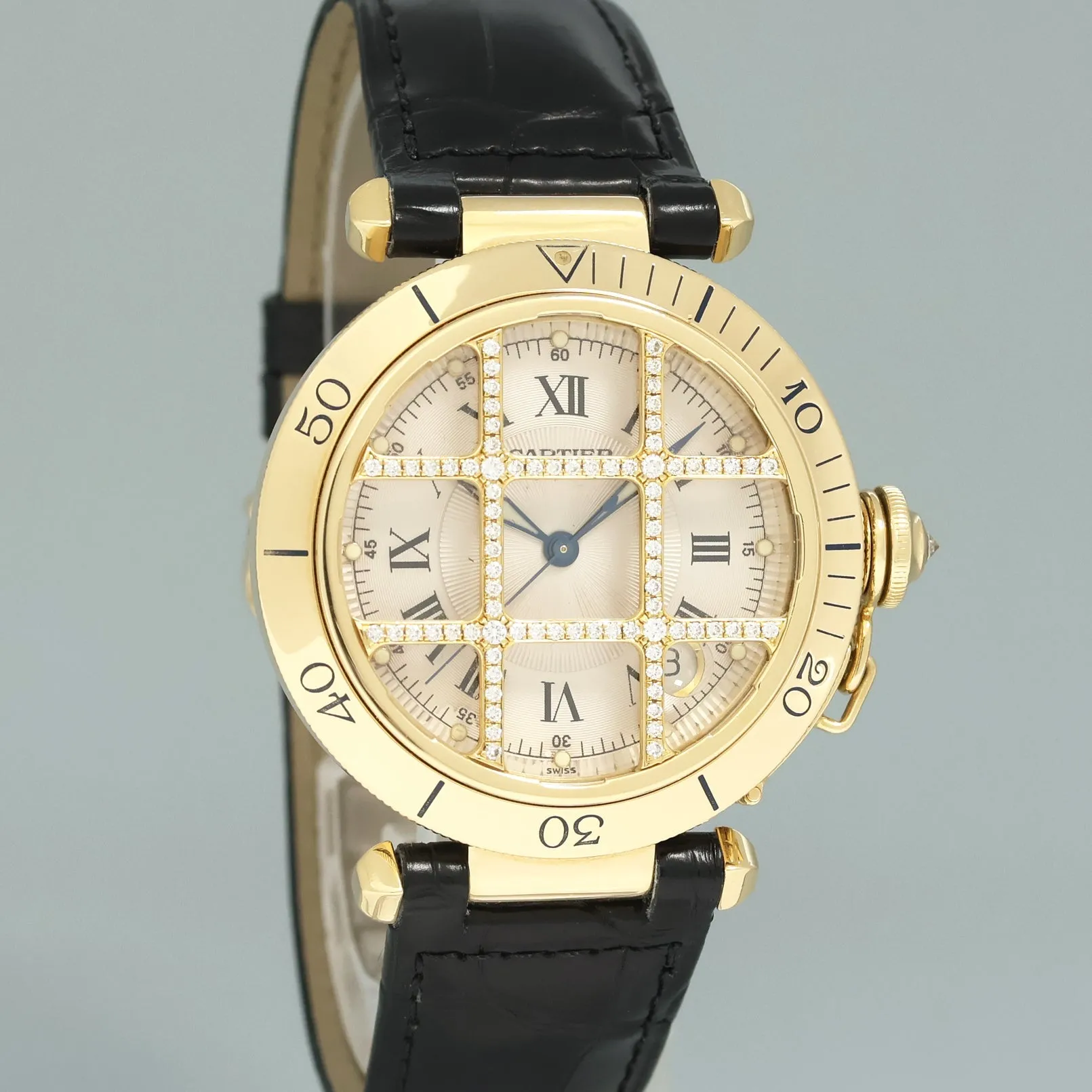 MINT Cartier Pasha Roman 1023 Yellow Gold 38mm Factory Diamond Grid Watch