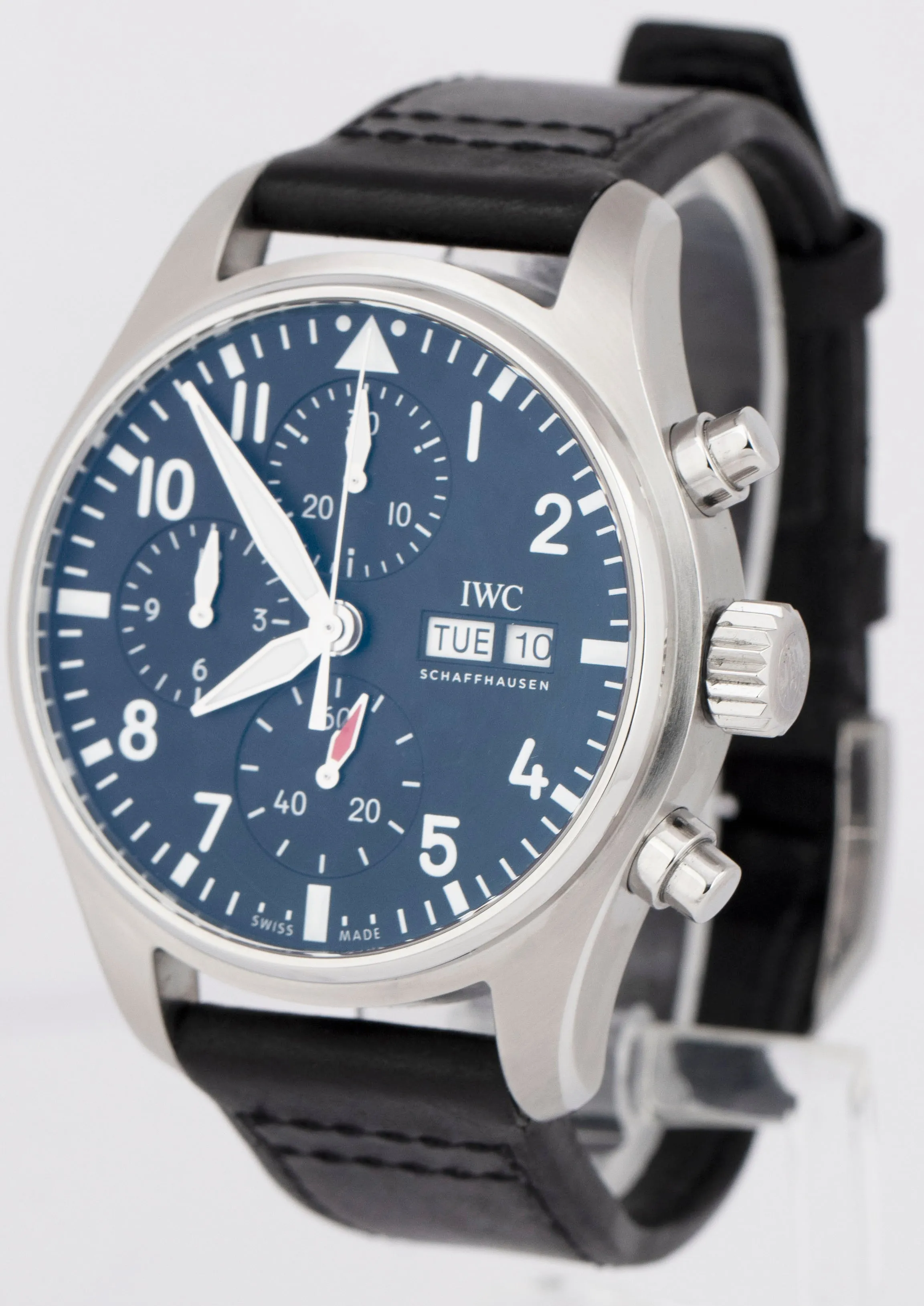 MINT IWC Pilot's Watch Day Date 43mm Chronograph Steel Black Watch IW378001 BOX