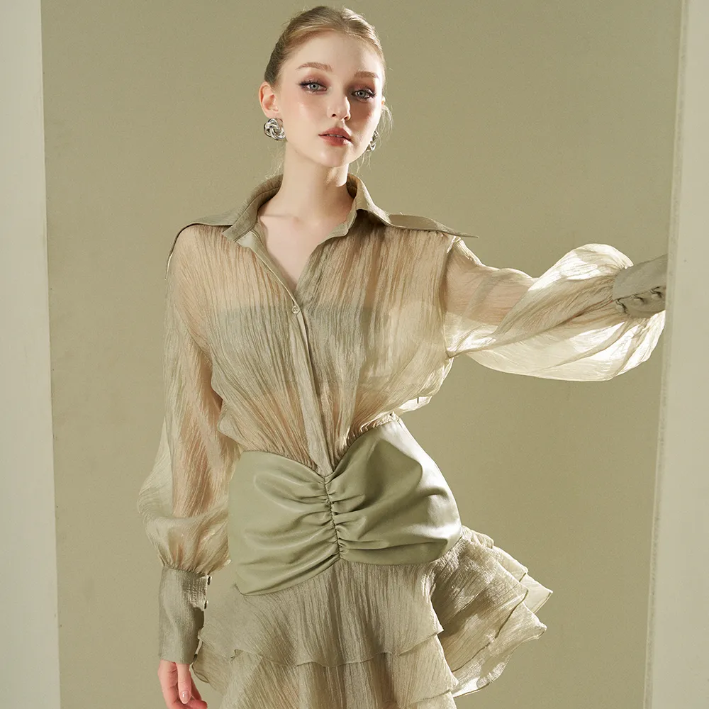 Moss Silk Shirt Dress With Leather Combination