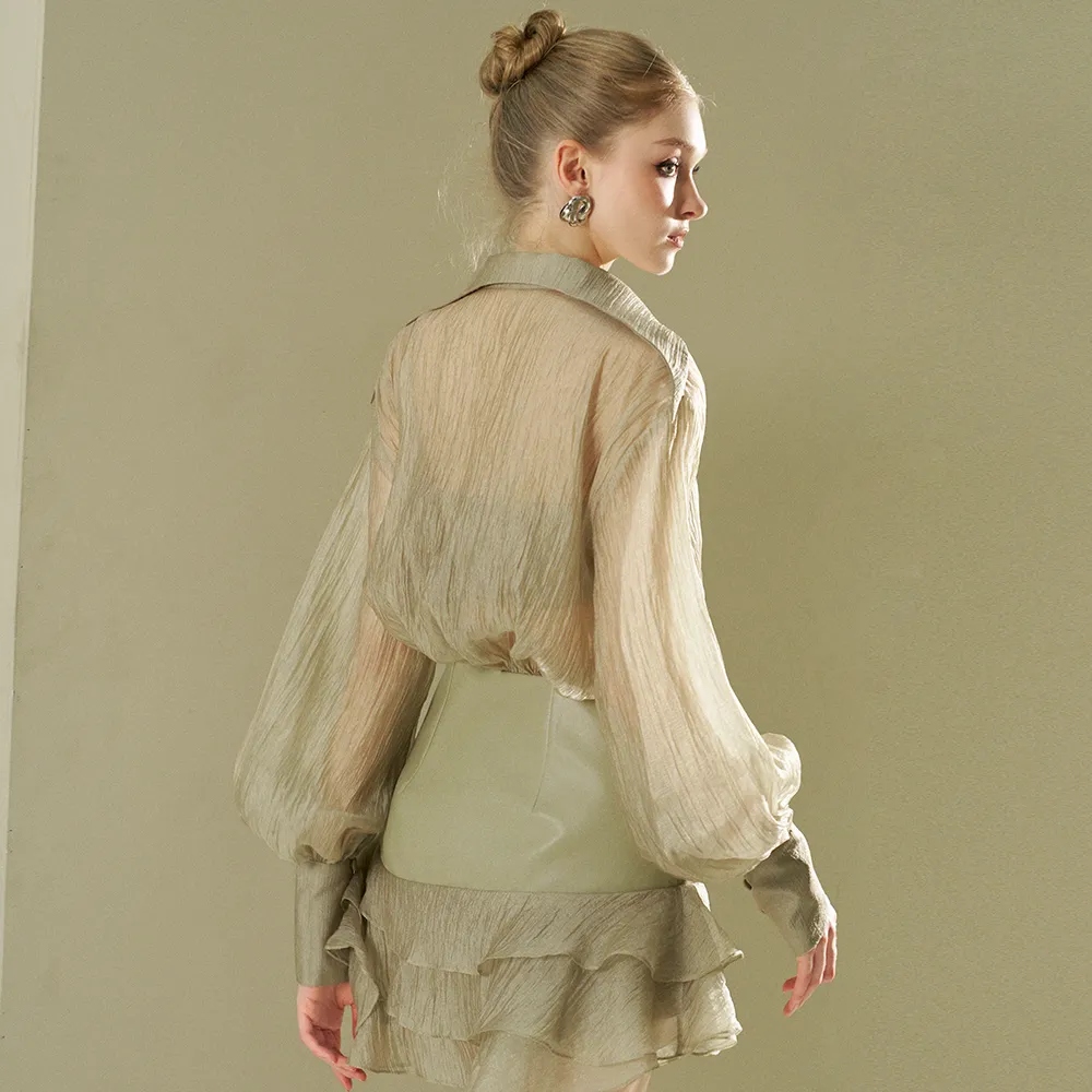 Moss Silk Shirt Dress With Leather Combination