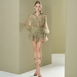 Moss Silk Shirt Dress With Leather Combination