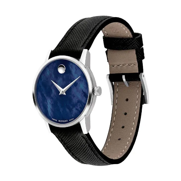Movado Museum Classic Black Leather Strap Blue Mother of Pearl Dial Quartz Watch for Ladies - Movado 0607422