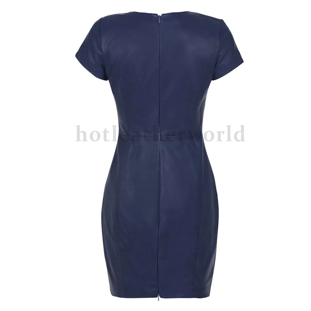 Navy Blue Short Sleeves Mini Leather Dress