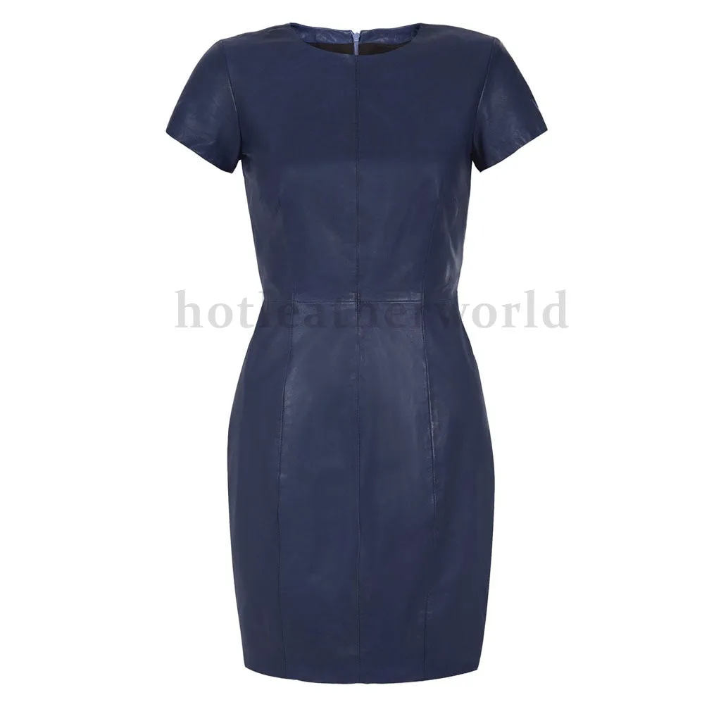 Navy Blue Short Sleeves Mini Leather Dress