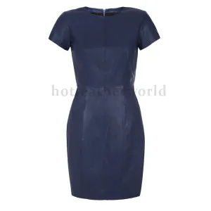 Navy Blue Short Sleeves Mini Leather Dress