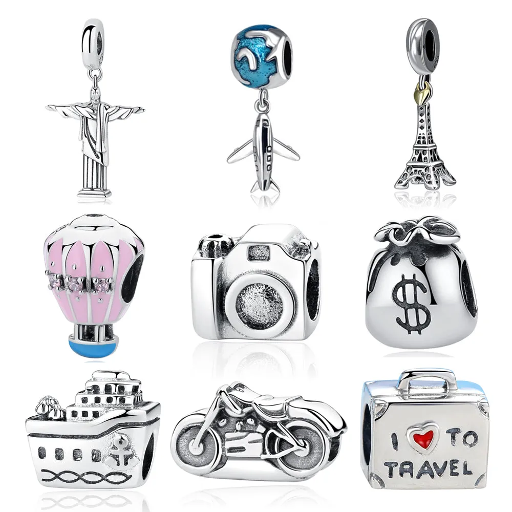 New 925 Sterling Silver Charm Bead Plane Travel Camera Eiffel Tower Beads Fit Original Pandora Bracelet charm DIY Jewelry Gift